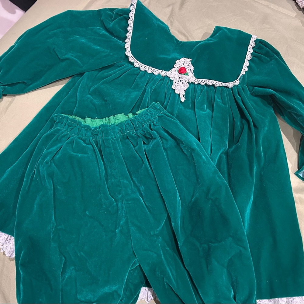 Vintage Baby Girls Green Velvet Dress and Bloomers Set